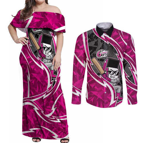 Sydney Sixers Couples Matching Off Shoulder Maxi Dress and Long Sleeve Button Shirt Flaming Lightning Storm Geometric Sports Mascot Art