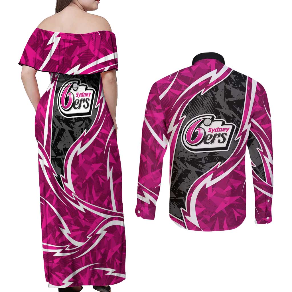 Sydney Sixers Couples Matching Off Shoulder Maxi Dress and Long Sleeve Button Shirt Flaming Lightning Storm Geometric Sports Mascot Art