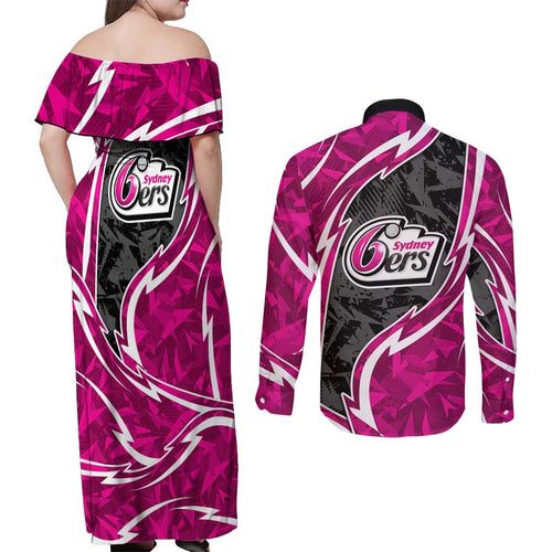 Sydney Sixers Couples Matching Off Shoulder Maxi Dress and Long Sleeve Button Shirt Flaming Lightning Storm Geometric Sports Mascot Art