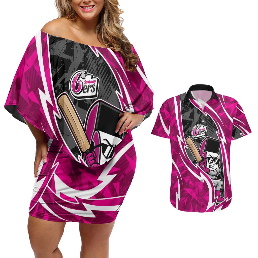 Sydney Sixers Couples Matching Off Shoulder Short Dress and Hawaiian Shirt Flaming Lightning Storm Geometric Sports Mascot Art