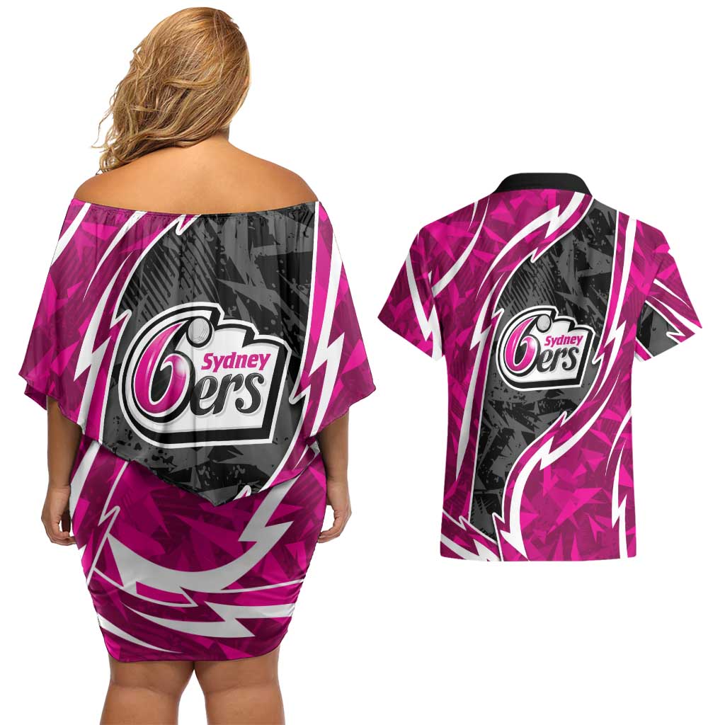 Sydney Sixers Couples Matching Off Shoulder Short Dress and Hawaiian Shirt Flaming Lightning Storm Geometric Sports Mascot Art