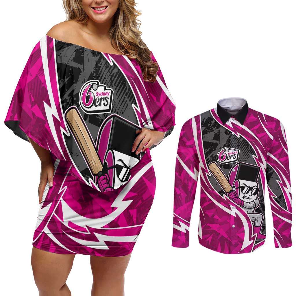 Sydney Sixers Couples Matching Off Shoulder Short Dress and Long Sleeve Button Shirt Flaming Lightning Storm Geometric Sports Mascot Art