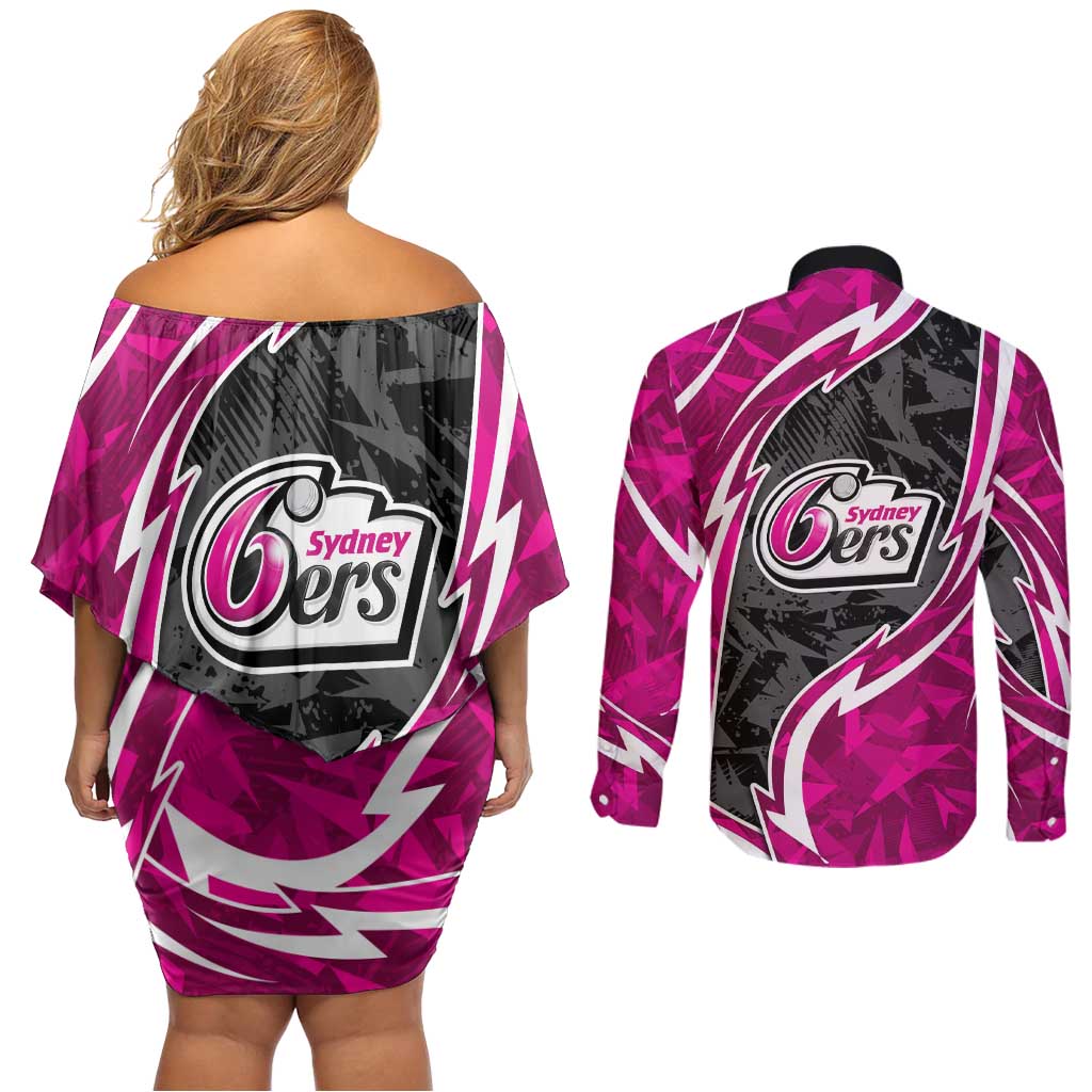 Sydney Sixers Couples Matching Off Shoulder Short Dress and Long Sleeve Button Shirt Flaming Lightning Storm Geometric Sports Mascot Art