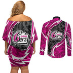 Sydney Sixers Couples Matching Off Shoulder Short Dress and Long Sleeve Button Shirt Flaming Lightning Storm Geometric Sports Mascot Art