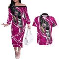 Sydney Sixers Couples Matching Off The Shoulder Long Sleeve Dress and Hawaiian Shirt Flaming Lightning Storm Geometric Sports Mascot Art