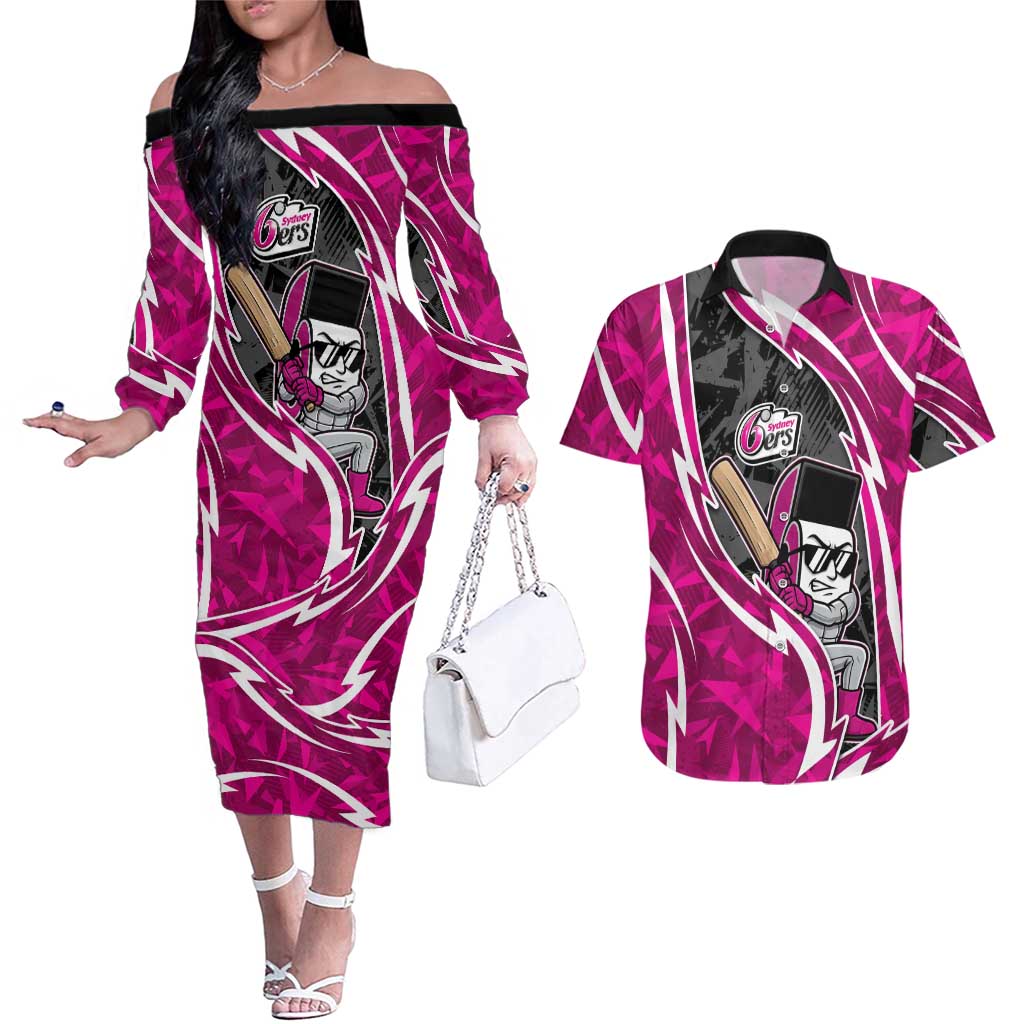 Sydney Sixers Couples Matching Off The Shoulder Long Sleeve Dress and Hawaiian Shirt Flaming Lightning Storm Geometric Sports Mascot Art