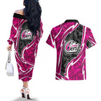 Sydney Sixers Couples Matching Off The Shoulder Long Sleeve Dress and Hawaiian Shirt Flaming Lightning Storm Geometric Sports Mascot Art