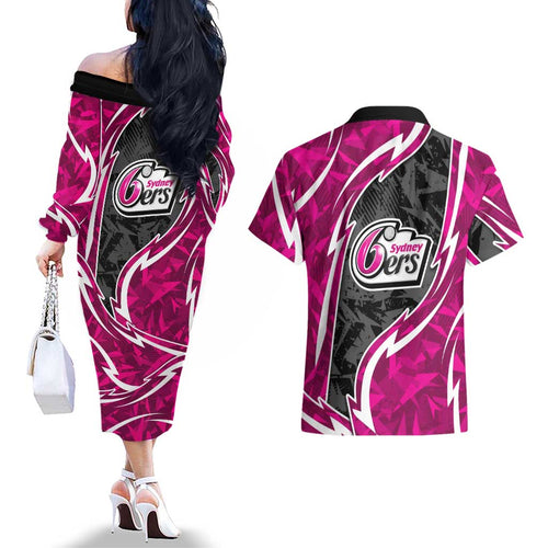 Sydney Sixers Couples Matching Off The Shoulder Long Sleeve Dress and Hawaiian Shirt Flaming Lightning Storm Geometric Sports Mascot Art