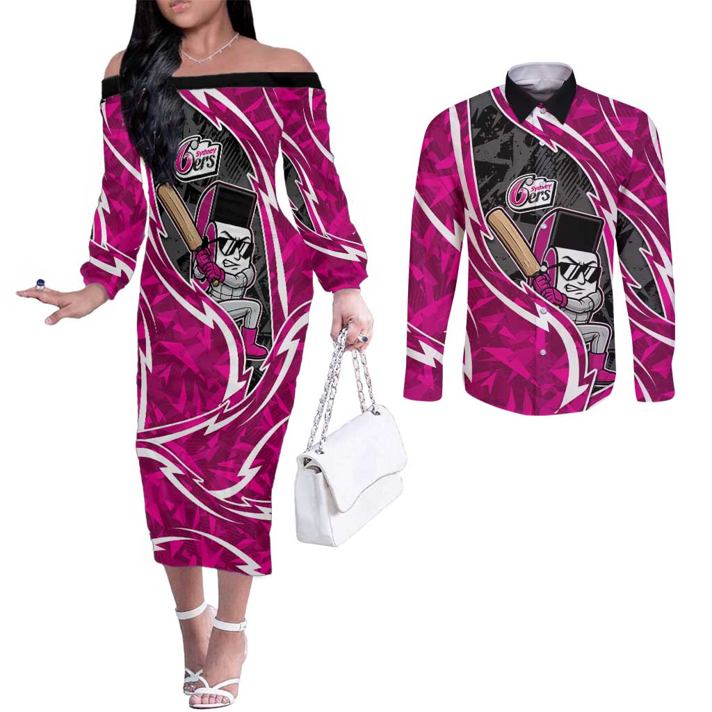 Sydney Sixers Couples Matching Off The Shoulder Long Sleeve Dress and Long Sleeve Button Shirt Flaming Lightning Storm Geometric Sports Mascot Art