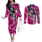 Sydney Sixers Couples Matching Off The Shoulder Long Sleeve Dress and Long Sleeve Button Shirt Flaming Lightning Storm Geometric Sports Mascot Art