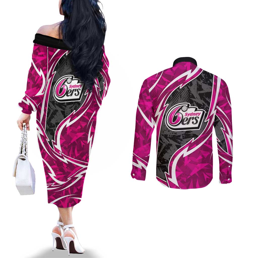 Sydney Sixers Couples Matching Off The Shoulder Long Sleeve Dress and Long Sleeve Button Shirt Flaming Lightning Storm Geometric Sports Mascot Art