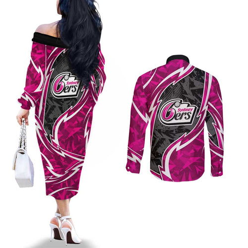 Sydney Sixers Couples Matching Off The Shoulder Long Sleeve Dress and Long Sleeve Button Shirt Flaming Lightning Storm Geometric Sports Mascot Art