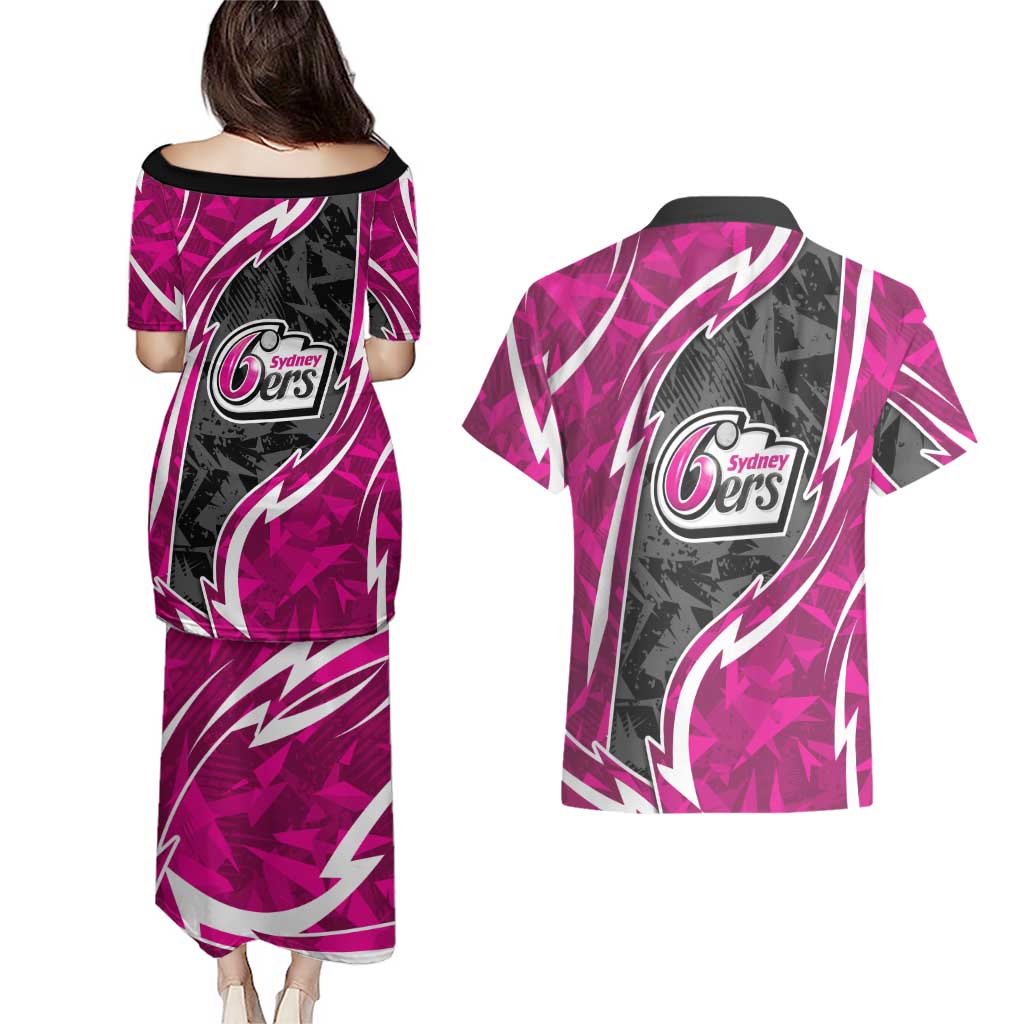Sydney Sixers Couples Matching Puletasi and Hawaiian Shirt Flaming Lightning Storm Geometric Sports Mascot Art