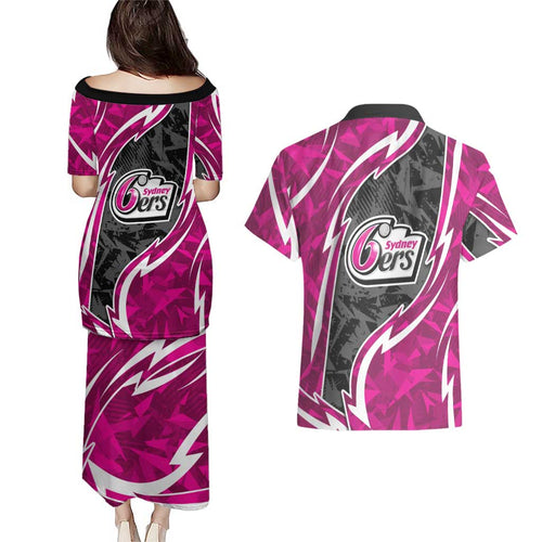 Sydney Sixers Couples Matching Puletasi and Hawaiian Shirt Flaming Lightning Storm Geometric Sports Mascot Art