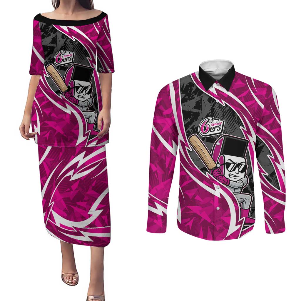 Sydney Sixers Couples Matching Puletasi and Long Sleeve Button Shirt Flaming Lightning Storm Geometric Sports Mascot Art