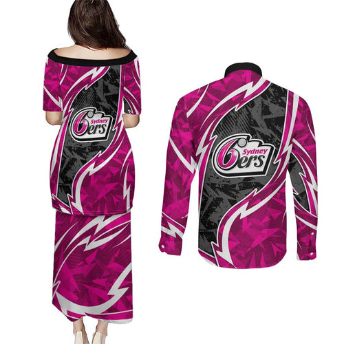 Sydney Sixers Couples Matching Puletasi and Long Sleeve Button Shirt Flaming Lightning Storm Geometric Sports Mascot Art