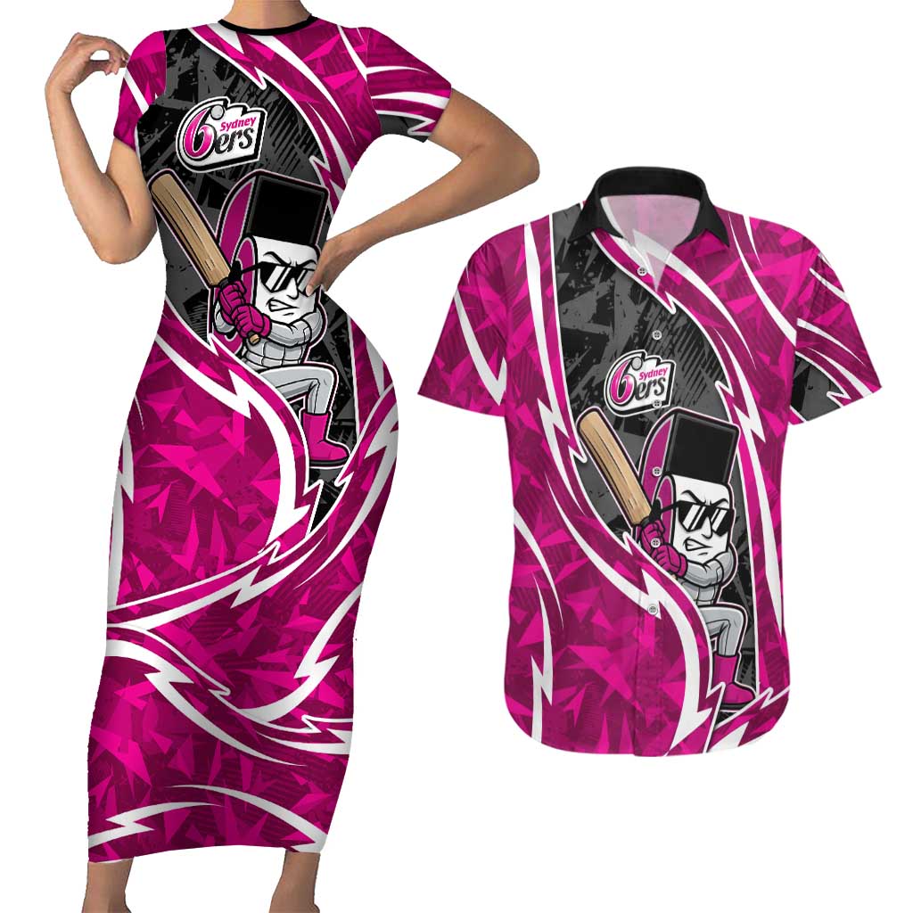 Sydney Sixers Couples Matching Short Sleeve Bodycon Dress and Hawaiian Shirt Flaming Lightning Storm Geometric Sports Mascot Art