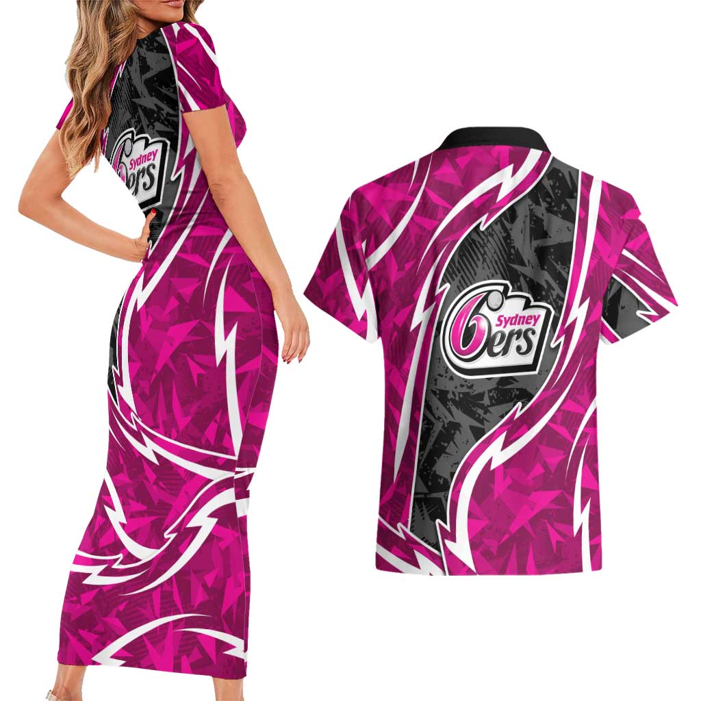 Sydney Sixers Couples Matching Short Sleeve Bodycon Dress and Hawaiian Shirt Flaming Lightning Storm Geometric Sports Mascot Art
