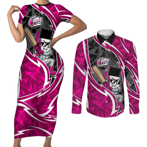 Sydney Sixers Couples Matching Short Sleeve Bodycon Dress and Long Sleeve Button Shirt Flaming Lightning Storm Geometric Sports Mascot Art