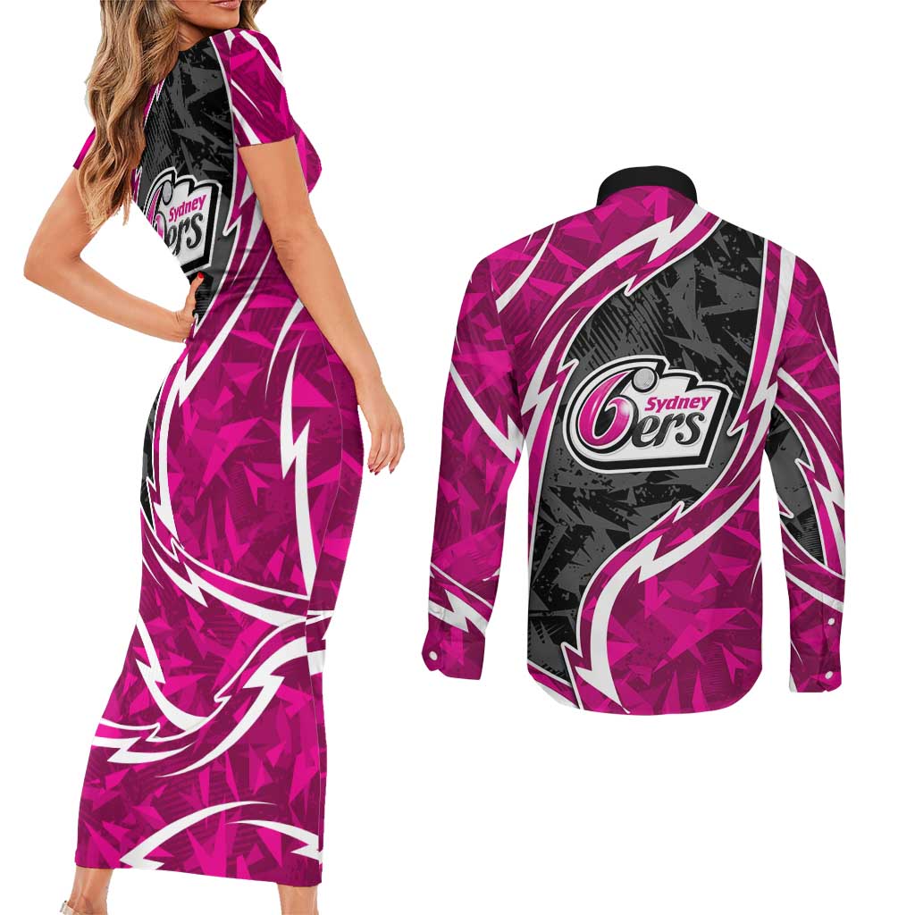 Sydney Sixers Couples Matching Short Sleeve Bodycon Dress and Long Sleeve Button Shirt Flaming Lightning Storm Geometric Sports Mascot Art