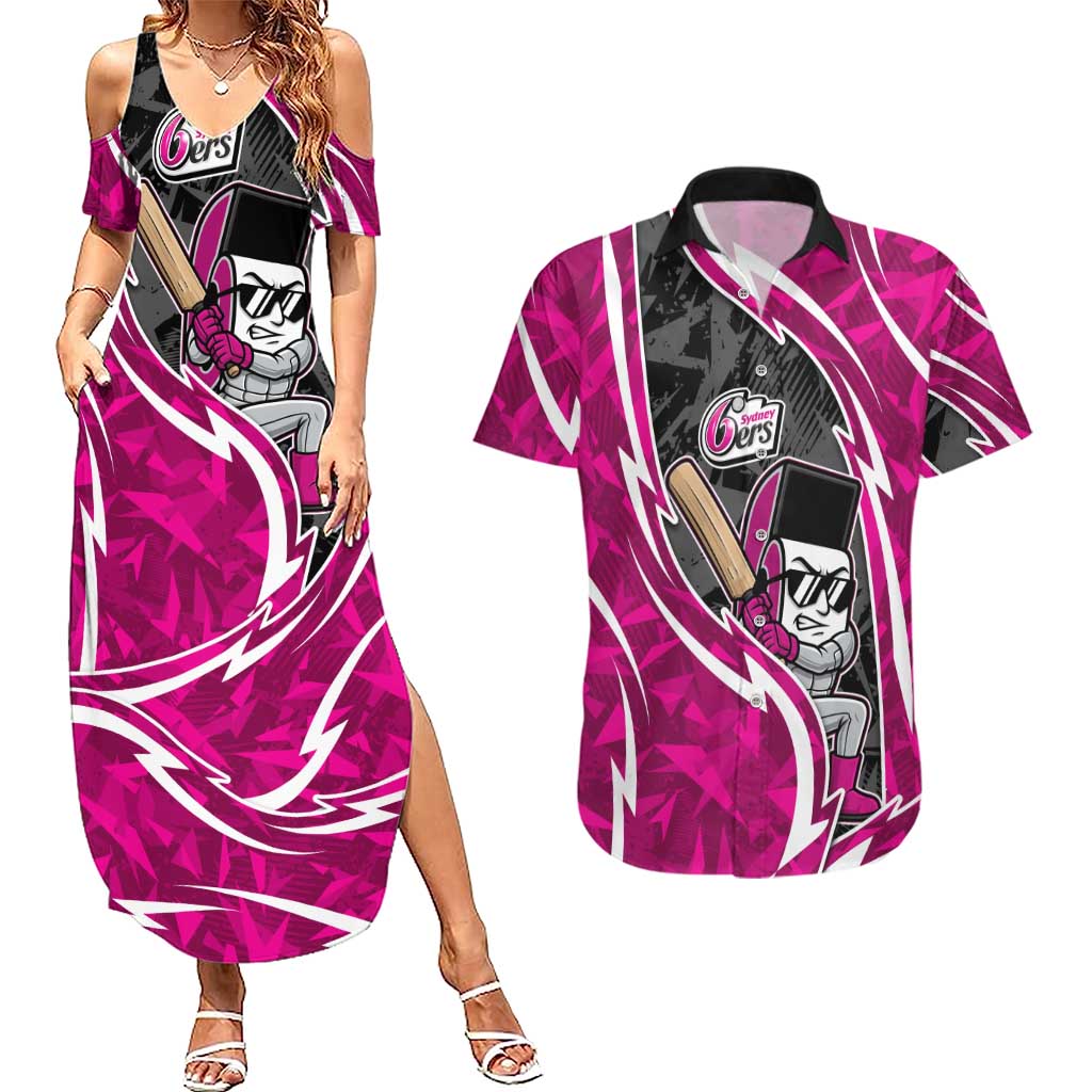 Sydney Sixers Couples Matching Summer Maxi Dress and Hawaiian Shirt Flaming Lightning Storm Geometric Sports Mascot Art
