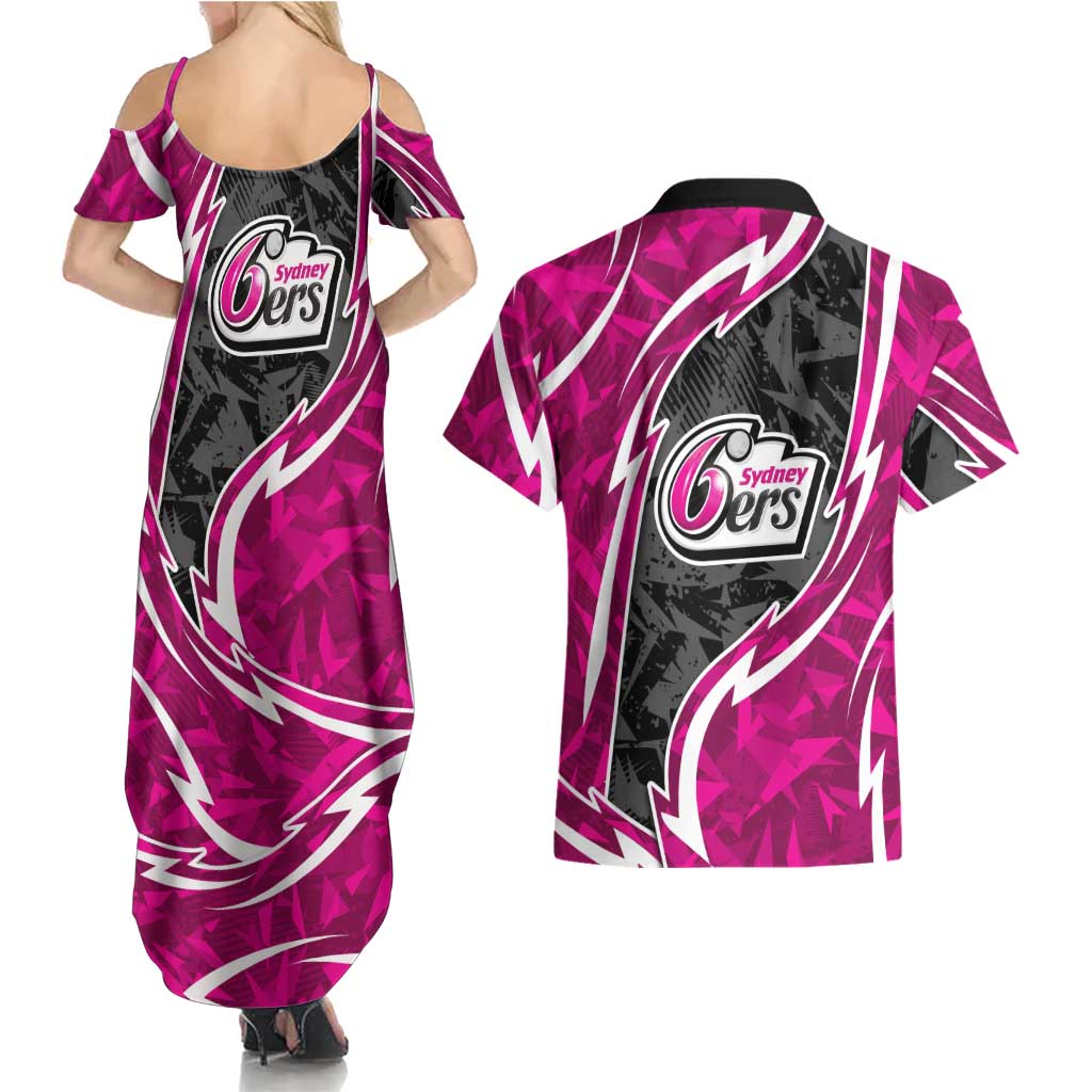 Sydney Sixers Couples Matching Summer Maxi Dress and Hawaiian Shirt Flaming Lightning Storm Geometric Sports Mascot Art