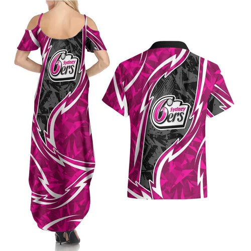 Sydney Sixers Couples Matching Summer Maxi Dress and Hawaiian Shirt Flaming Lightning Storm Geometric Sports Mascot Art