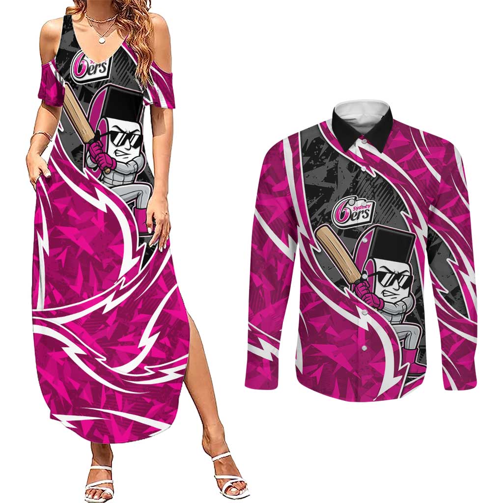 Sydney Sixers Couples Matching Summer Maxi Dress and Long Sleeve Button Shirt Flaming Lightning Storm Geometric Sports Mascot Art