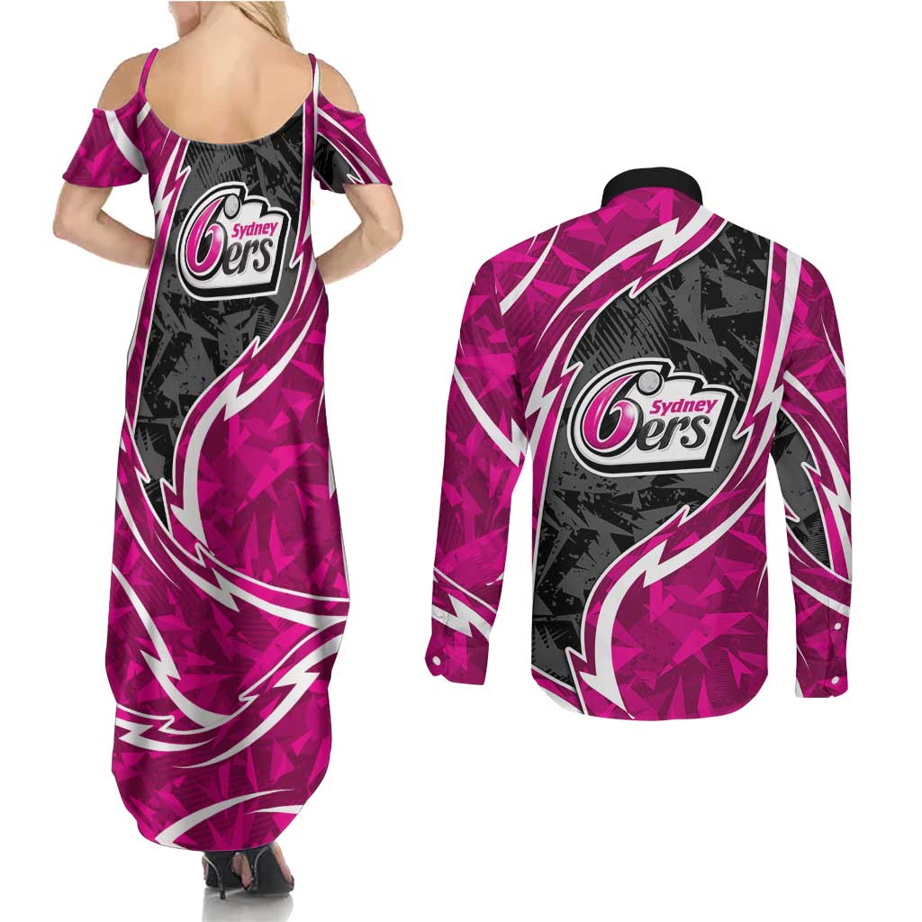 Sydney Sixers Couples Matching Summer Maxi Dress and Long Sleeve Button Shirt Flaming Lightning Storm Geometric Sports Mascot Art