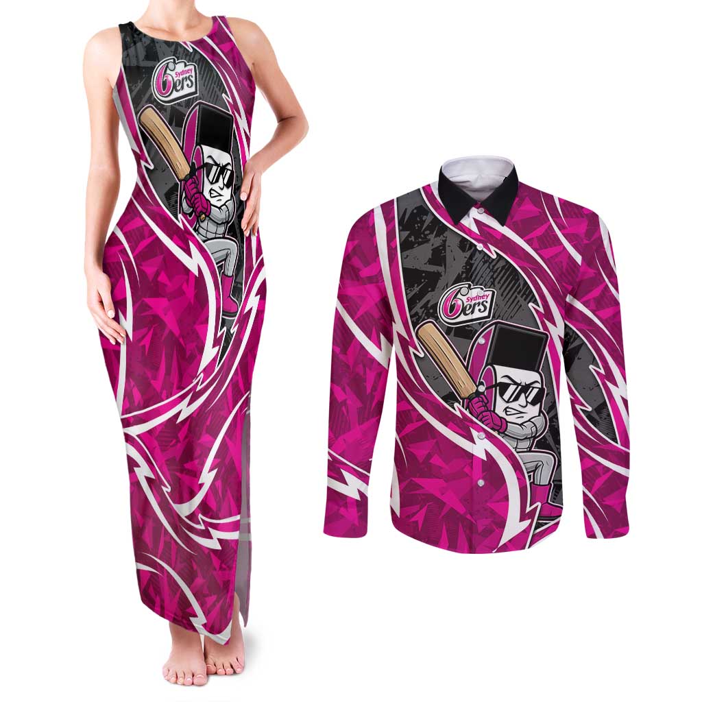 Sydney Sixers Couples Matching Tank Maxi Dress and Long Sleeve Button Shirt Flaming Lightning Storm Geometric Sports Mascot Art