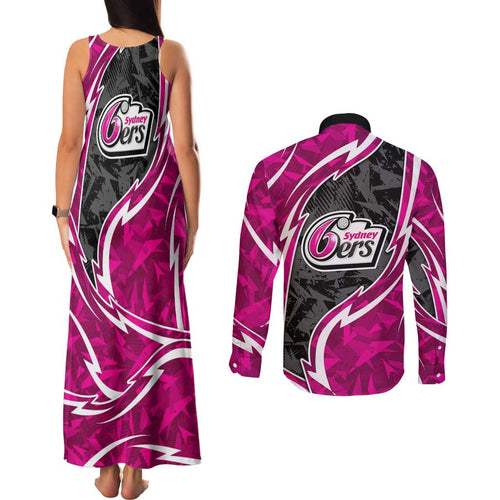 Sydney Sixers Couples Matching Tank Maxi Dress and Long Sleeve Button Shirt Flaming Lightning Storm Geometric Sports Mascot Art