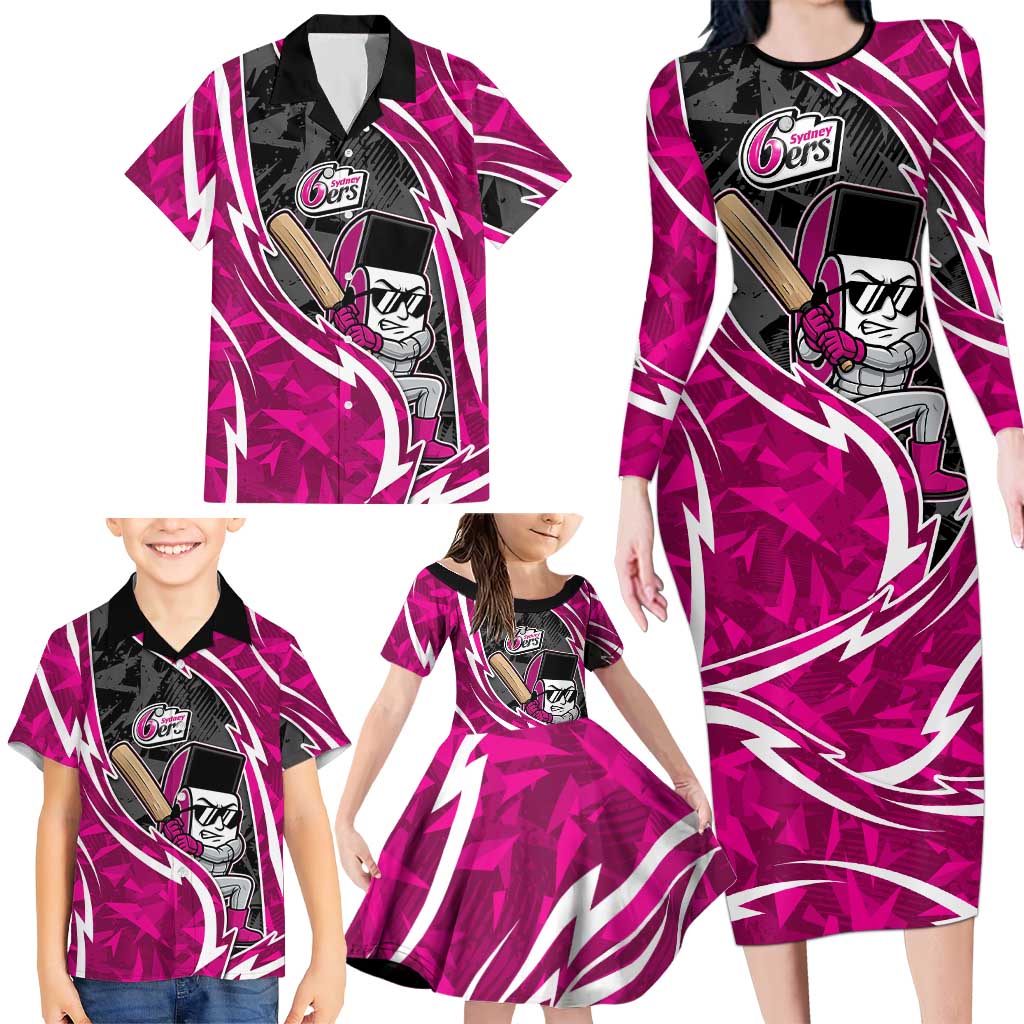 Sydney Sixers Family Matching Long Sleeve Bodycon Dress and Hawaiian Shirt Flaming Lightning Storm Geometric Sports Mascot Art
