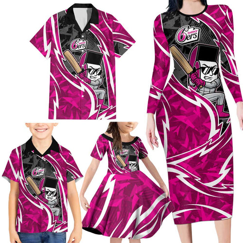 Sydney Sixers Family Matching Long Sleeve Bodycon Dress and Hawaiian Shirt Flaming Lightning Storm Geometric Sports Mascot Art