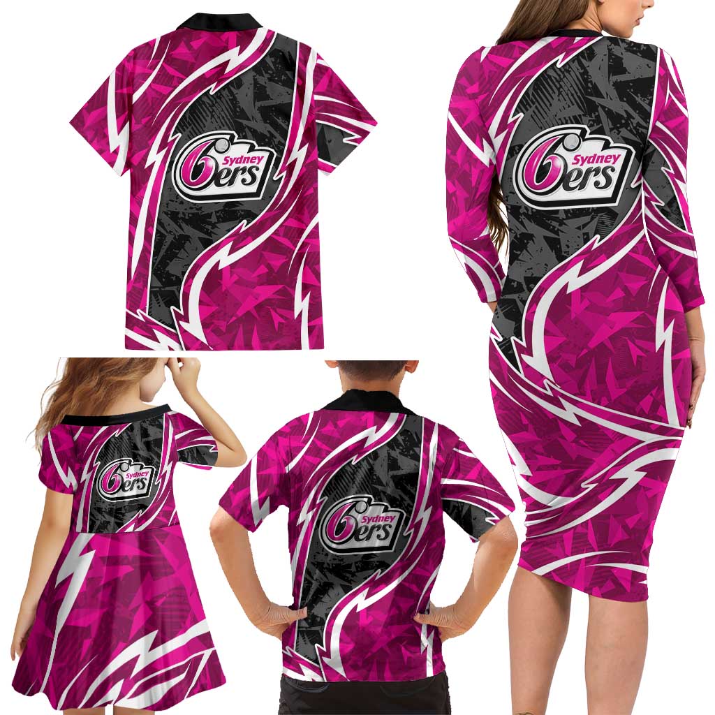 Sydney Sixers Family Matching Long Sleeve Bodycon Dress and Hawaiian Shirt Flaming Lightning Storm Geometric Sports Mascot Art