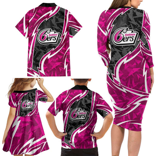 Sydney Sixers Family Matching Long Sleeve Bodycon Dress and Hawaiian Shirt Flaming Lightning Storm Geometric Sports Mascot Art