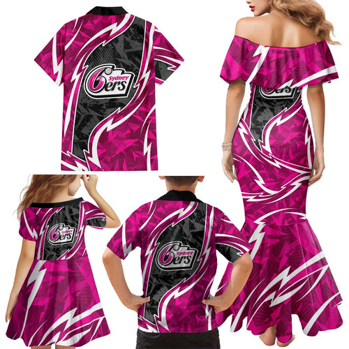 Sydney Sixers Family Matching Mermaid Dress and Hawaiian Shirt Flaming Lightning Storm Geometric Sports Mascot Art
