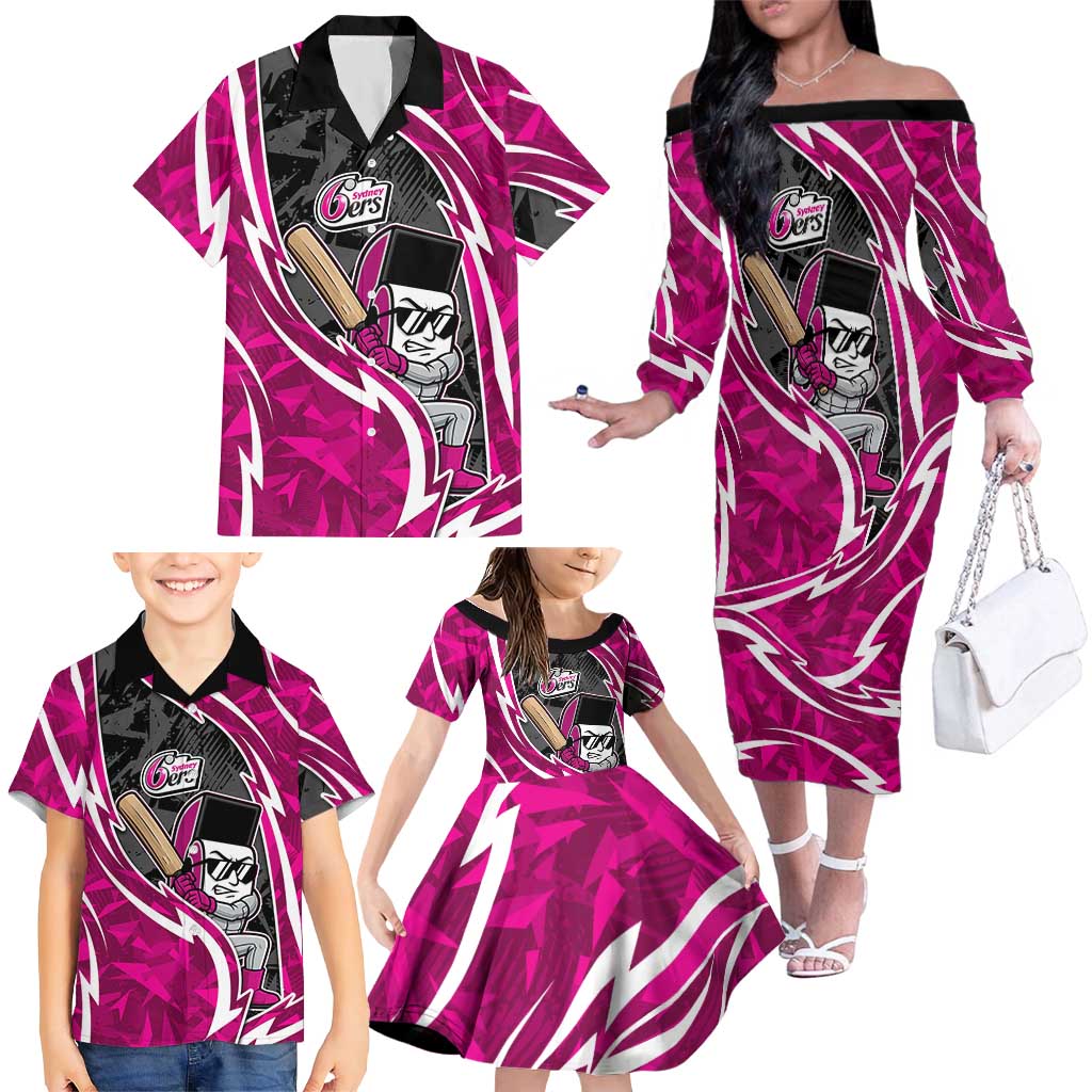 Sydney Sixers Family Matching Off The Shoulder Long Sleeve Dress and Hawaiian Shirt Flaming Lightning Storm Geometric Sports Mascot Art