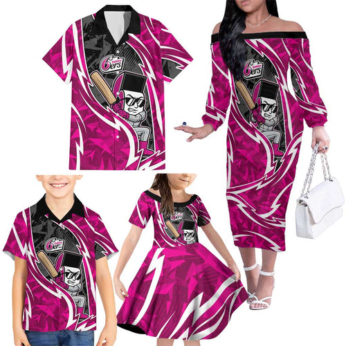 Sydney Sixers Family Matching Off The Shoulder Long Sleeve Dress and Hawaiian Shirt Flaming Lightning Storm Geometric Sports Mascot Art