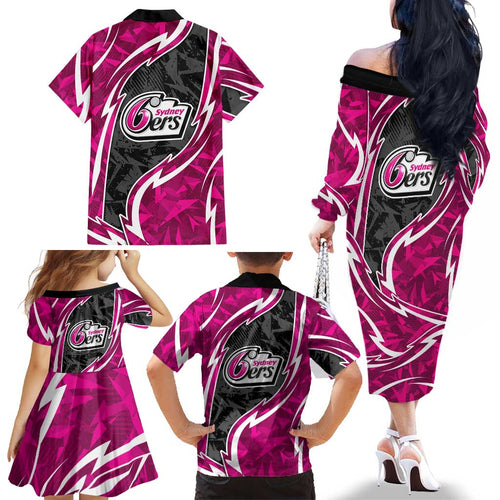 Sydney Sixers Family Matching Off The Shoulder Long Sleeve Dress and Hawaiian Shirt Flaming Lightning Storm Geometric Sports Mascot Art