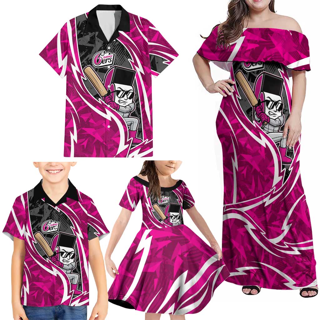 Sydney Sixers Family Matching Off Shoulder Maxi Dress and Hawaiian Shirt Flaming Lightning Storm Geometric Sports Mascot Art