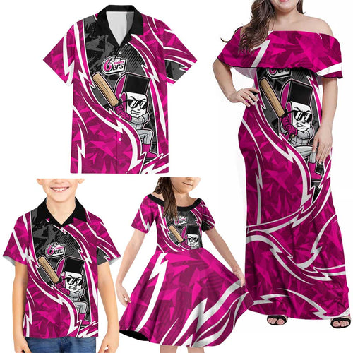 Sydney Sixers Family Matching Off Shoulder Maxi Dress and Hawaiian Shirt Flaming Lightning Storm Geometric Sports Mascot Art