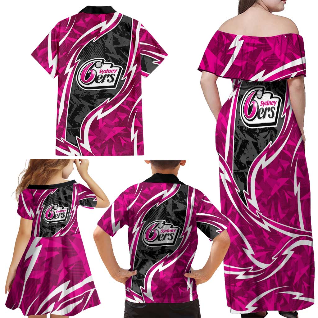 Sydney Sixers Family Matching Off Shoulder Maxi Dress and Hawaiian Shirt Flaming Lightning Storm Geometric Sports Mascot Art