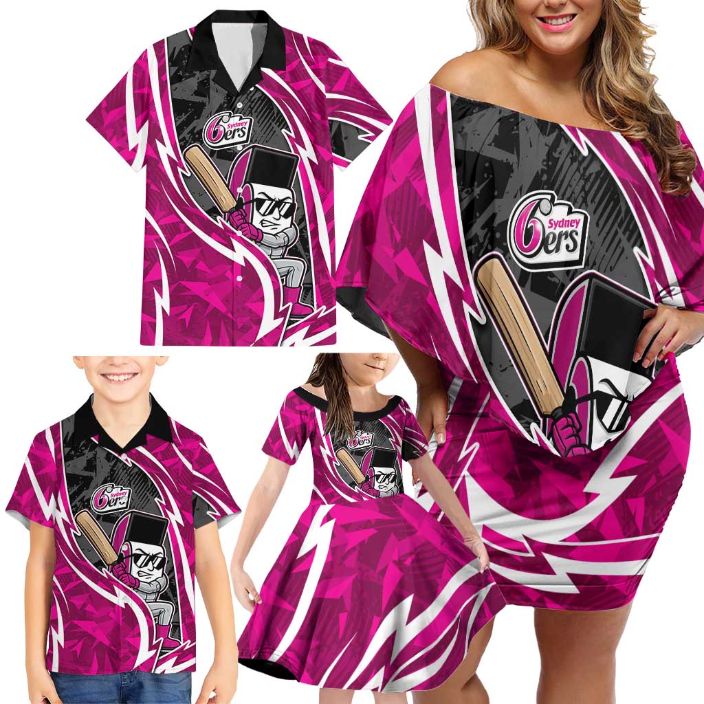 Sydney Sixers Family Matching Off Shoulder Short Dress and Hawaiian Shirt Flaming Lightning Storm Geometric Sports Mascot Art