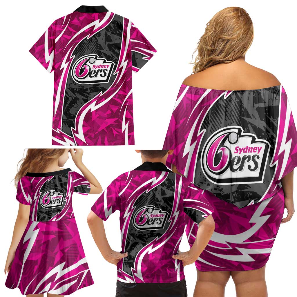 Sydney Sixers Family Matching Off Shoulder Short Dress and Hawaiian Shirt Flaming Lightning Storm Geometric Sports Mascot Art
