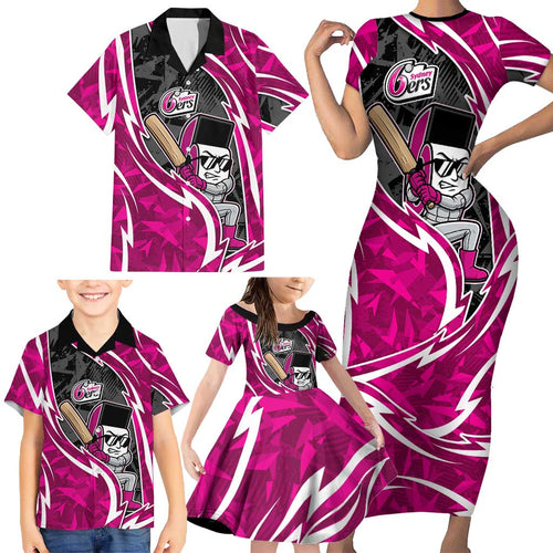 Sydney Sixers Family Matching Short Sleeve Bodycon Dress and Hawaiian Shirt Flaming Lightning Storm Geometric Sports Mascot Art