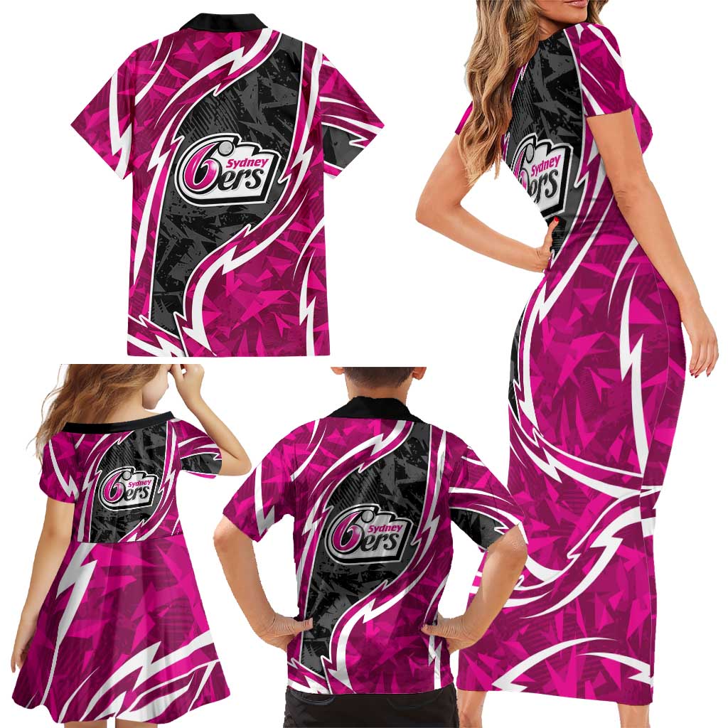 Sydney Sixers Family Matching Short Sleeve Bodycon Dress and Hawaiian Shirt Flaming Lightning Storm Geometric Sports Mascot Art