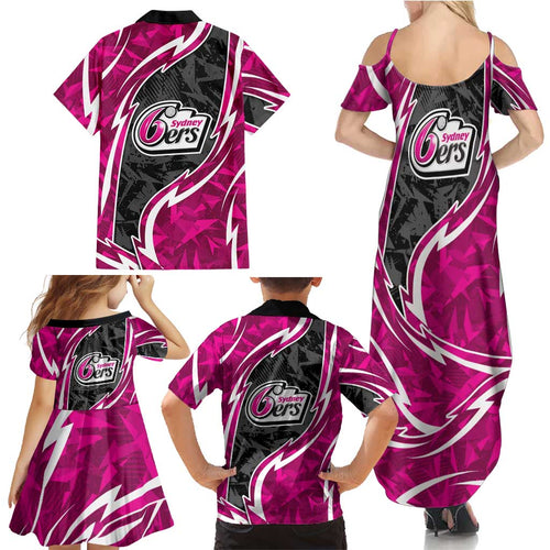 Sydney Sixers Family Matching Summer Maxi Dress and Hawaiian Shirt Flaming Lightning Storm Geometric Sports Mascot Art