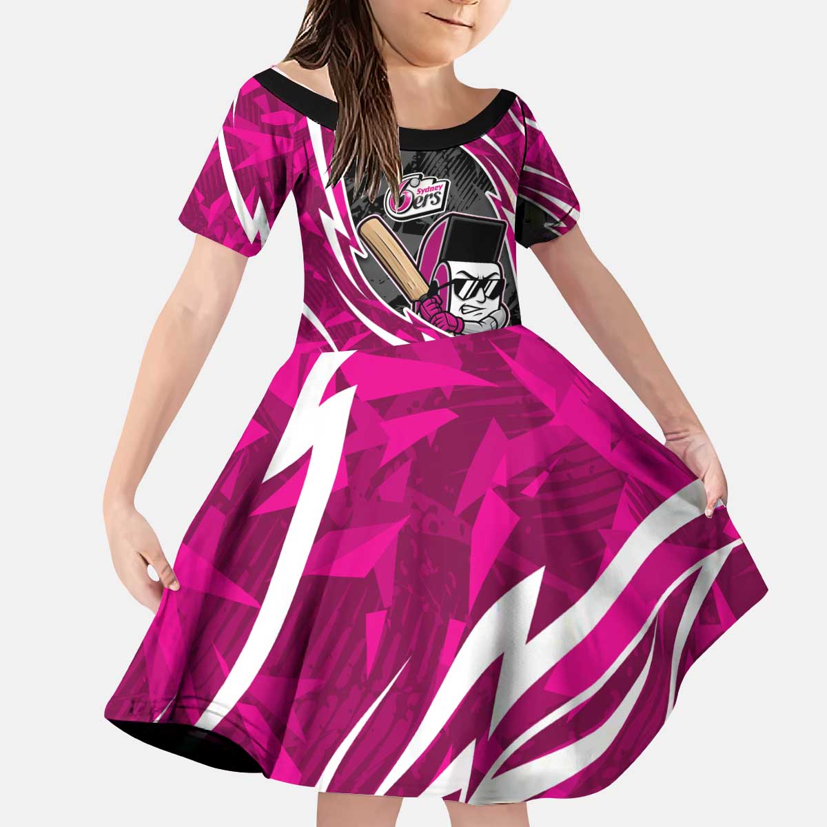 Sydney Sixers Kid Short Sleeve Dress Flaming Lightning Storm Geometric Sports Mascot Art