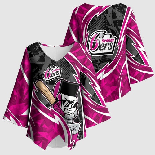 Sydney Sixers Kimono Sleeve Blouse Flaming Lightning Storm Geometric Sports Mascot Art