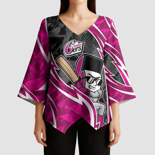 Sydney Sixers Kimono Sleeve Blouse Flaming Lightning Storm Geometric Sports Mascot Art